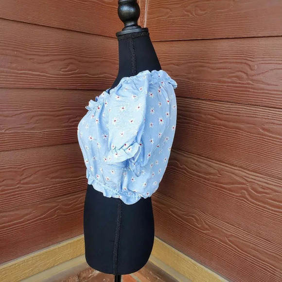 ZARA Summer Linen Blend Floral Blouse Blue Size Small NWOT - Picture 6 of 13